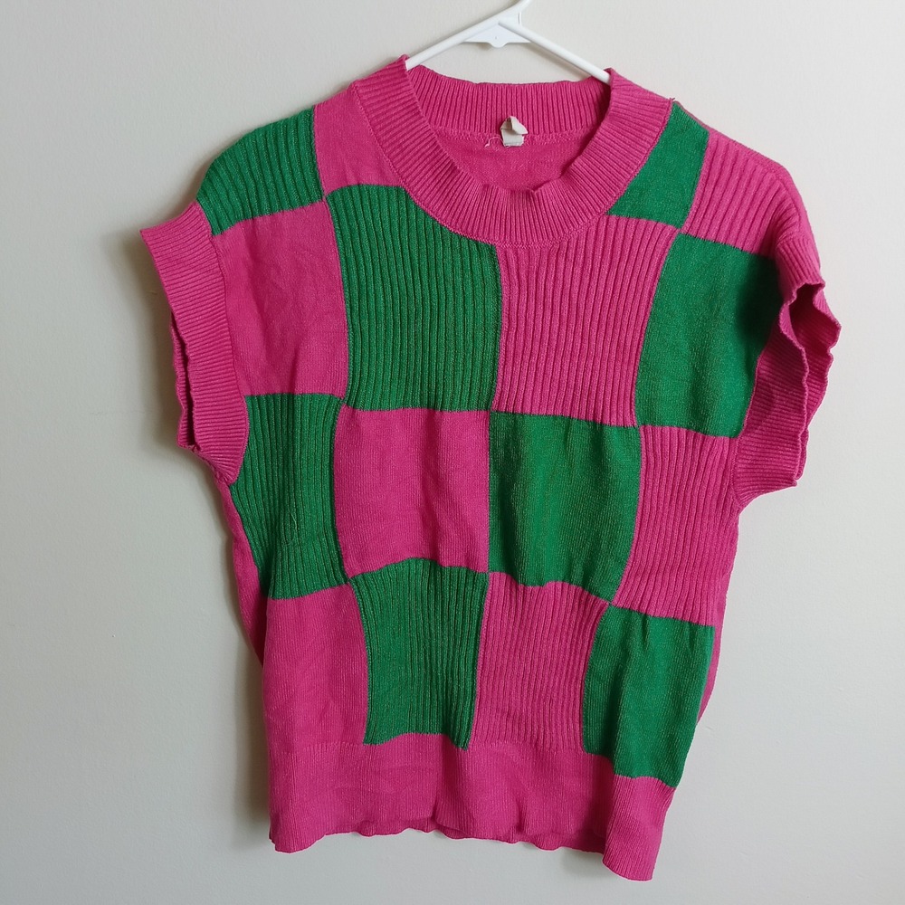 Evaless Sweater Vest Womens Medium Pink Green Excellent Checkerboard Knit Ribbed